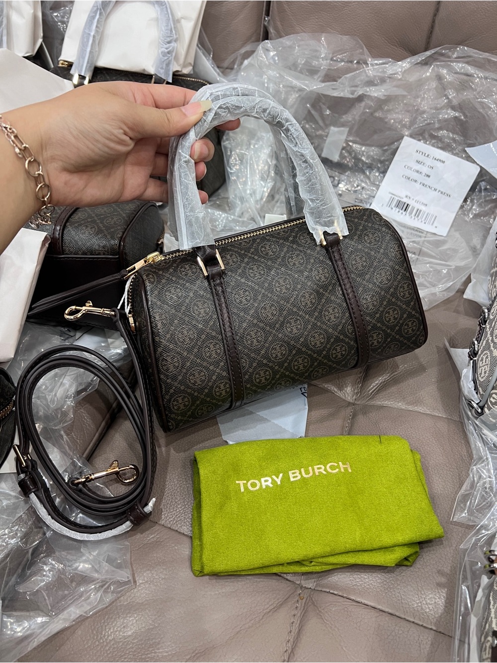 NWT Tory Burch T MONOGRAM COATED CANVAS PETITE BARREL BAG